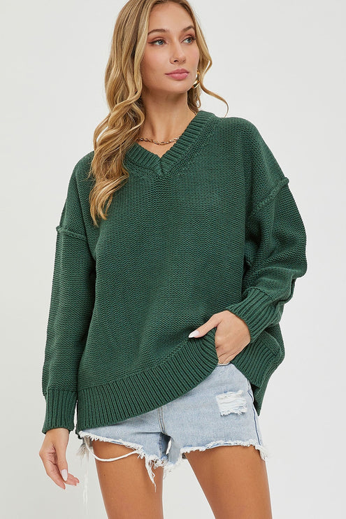 Cozy Solid Loose Fit V Neck Oversized Fashion Top Sweater