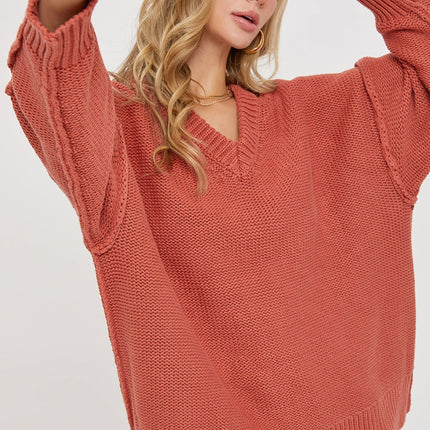 Cozy Solid Loose Fit V Neck Oversized Fashion Top Sweater - Accessoriesforever