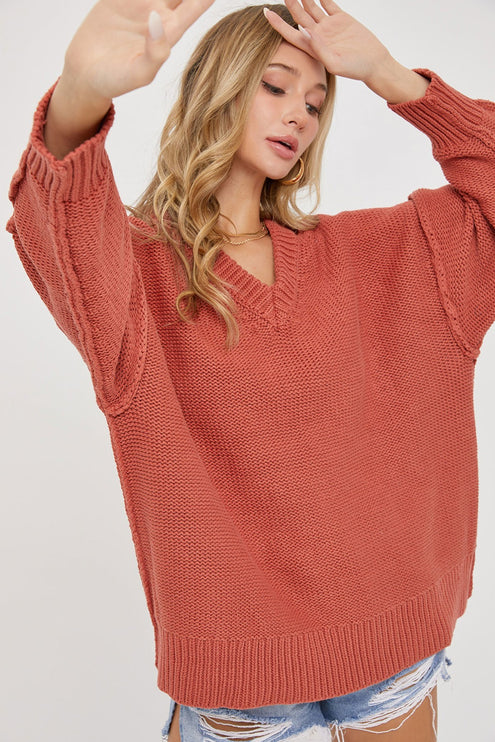 Cozy Solid Loose Fit V Neck Oversized Fashion Top Sweater