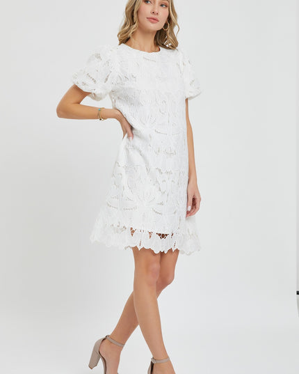 Beautiful Solid Simple Elegant Puff Sleeves Crochet Lace Dress