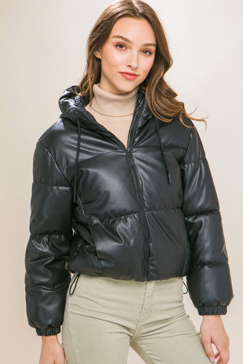 Sleek Modern Cozy PU Faux Leather Hooded Zipper Front Puffer Jacket