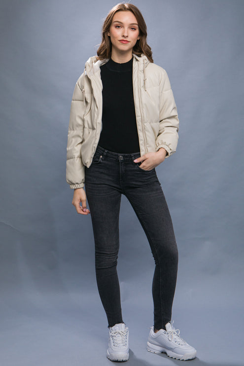 Sleek Modern Cozy PU Faux Leather Hooded Zipper Front Puffer Jacket - Accessoriesforever