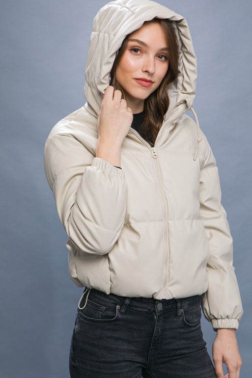 Sleek Modern Cozy PU Faux Leather Hooded Zipper Front Puffer Jacket