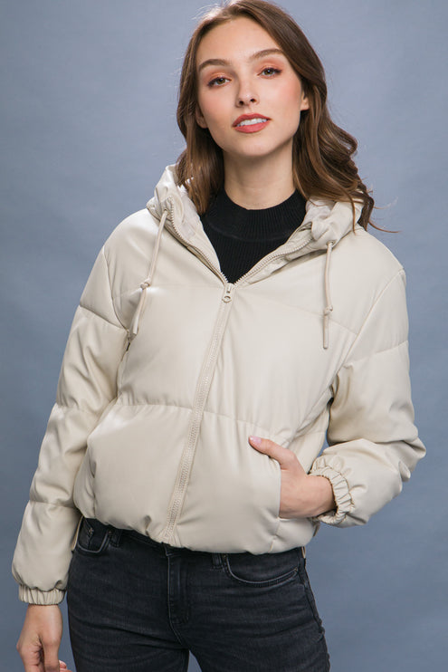 Sleek Modern Cozy PU Faux Leather Hooded Zipper Front Puffer Jacket