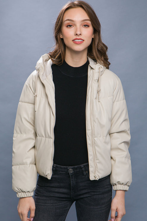 Sleek Modern Cozy PU Faux Leather Hooded Zipper Front Puffer Jacket - Accessoriesforever