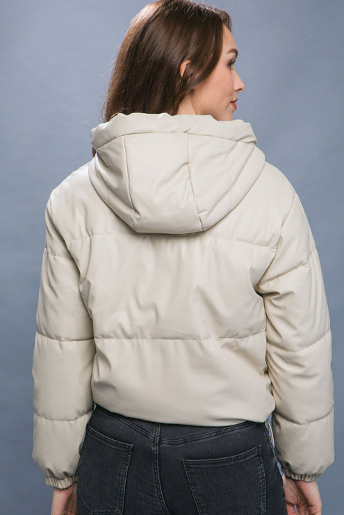 Sleek Modern Cozy PU Faux Leather Hooded Zipper Front Puffer Jacket