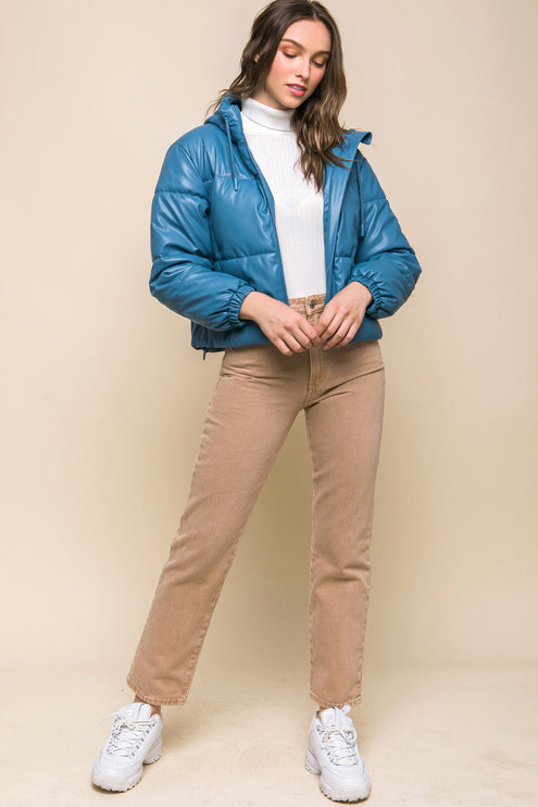 Sleek Modern Cozy PU Faux Leather Hooded Zipper Front Puffer Jacket - Accessoriesforever