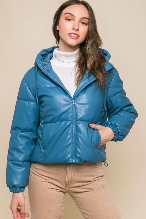 Sleek Modern Cozy PU Faux Leather Hooded Zipper Front Puffer Jacket - Accessoriesforever