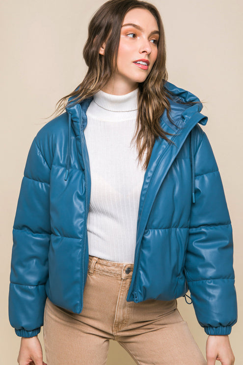 Sleek Modern Cozy PU Faux Leather Hooded Zipper Front Puffer Jacket - Accessoriesforever