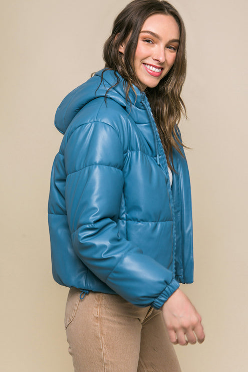 Sleek Modern Cozy PU Faux Leather Hooded Zipper Front Puffer Jacket