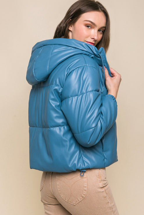 Sleek Modern Cozy PU Faux Leather Hooded Zipper Front Puffer Jacket - Accessoriesforever