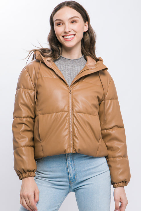 Sleek Modern Cozy PU Faux Leather Hooded Zipper Front Puffer Jacket - Accessoriesforever