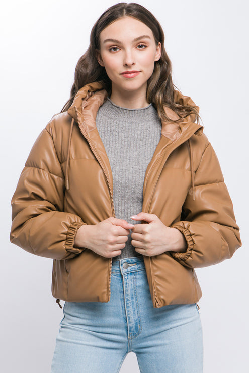 Sleek Modern Cozy PU Faux Leather Hooded Zipper Front Puffer Jacket - Accessoriesforever