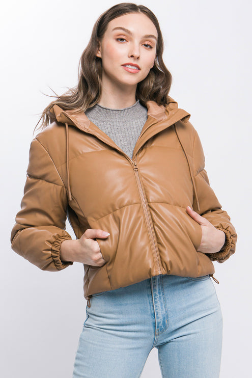 Sleek Modern Cozy PU Faux Leather Hooded Zipper Front Puffer Jacket