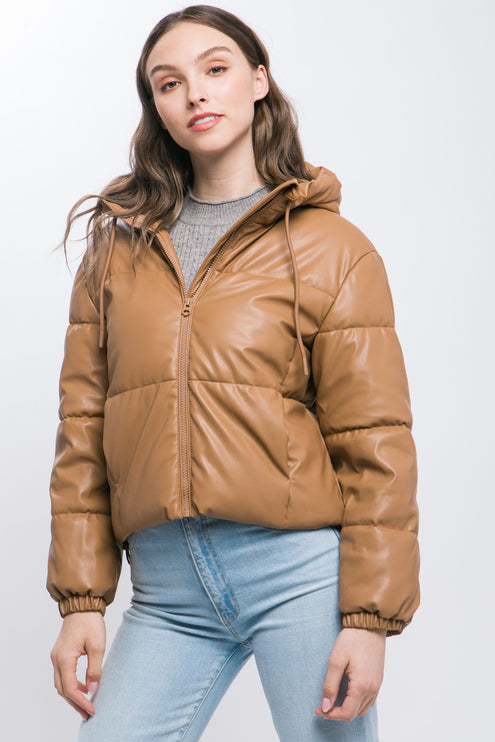 Sleek Modern Cozy PU Faux Leather Hooded Zipper Front Puffer Jacket - Accessoriesforever