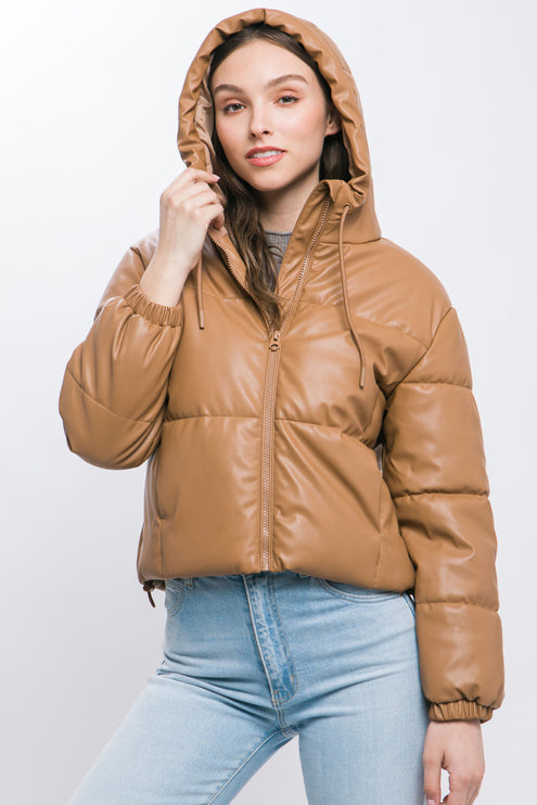 Sleek Modern Cozy PU Faux Leather Hooded Zipper Front Puffer Jacket