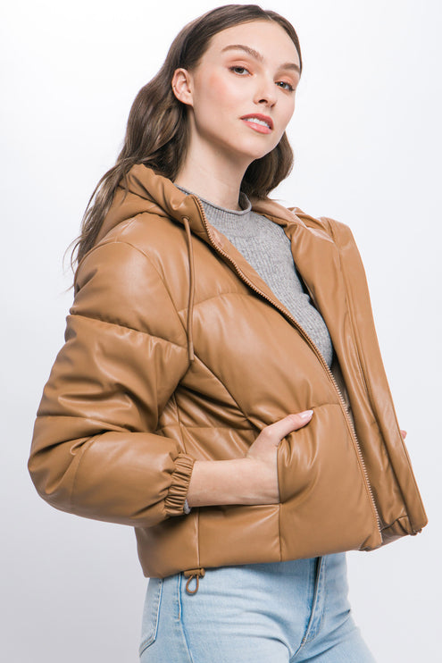 Sleek Modern Cozy PU Faux Leather Hooded Zipper Front Puffer Jacket - Accessoriesforever