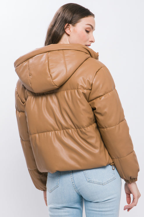 Sleek Modern Cozy PU Faux Leather Hooded Zipper Front Puffer Jacket - Accessoriesforever