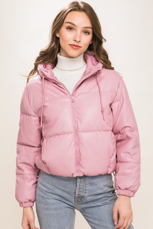 Sleek Modern Cozy PU Faux Leather Hooded Zipper Front Puffer Jacket - Accessoriesforever