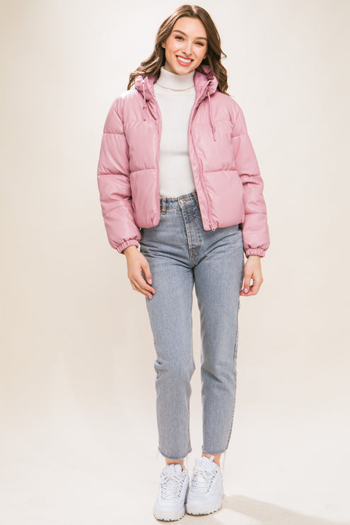 Sleek Modern Cozy PU Faux Leather Hooded Zipper Front Puffer Jacket - Accessoriesforever