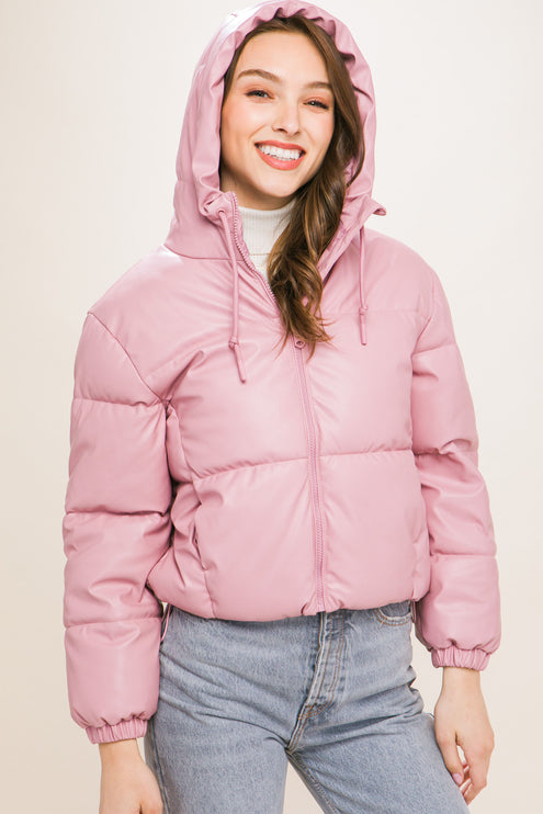 Sleek Modern Cozy PU Faux Leather Hooded Zipper Front Puffer Jacket - Accessoriesforever