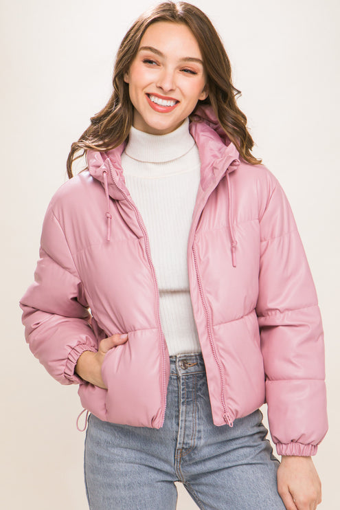 Sleek Modern Cozy PU Faux Leather Hooded Zipper Front Puffer Jacket - Accessoriesforever