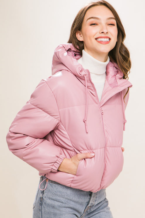 Sleek Modern Cozy PU Faux Leather Hooded Zipper Front Puffer Jacket