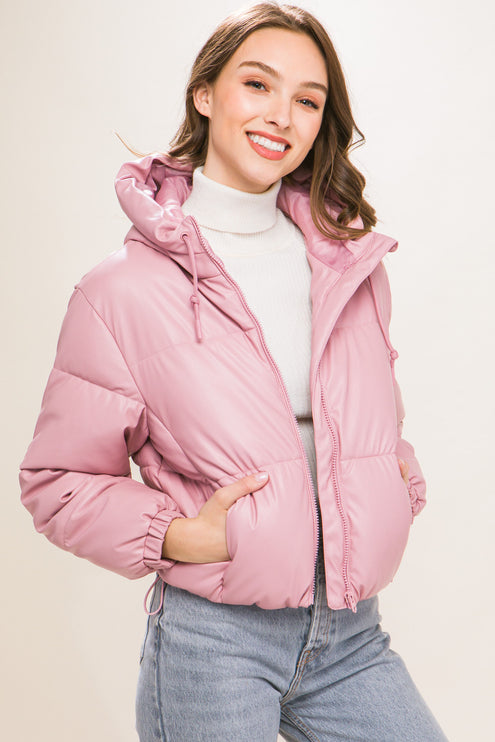 Sleek Modern Cozy PU Faux Leather Hooded Zipper Front Puffer Jacket