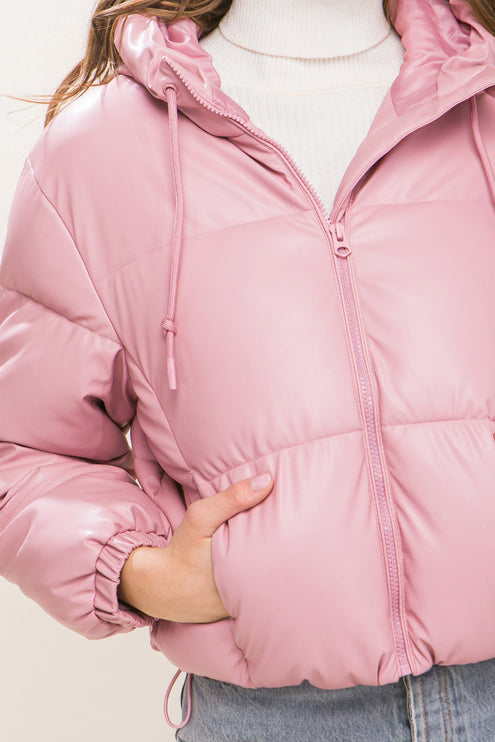 Sleek Modern Cozy PU Faux Leather Hooded Zipper Front Puffer Jacket - Accessoriesforever