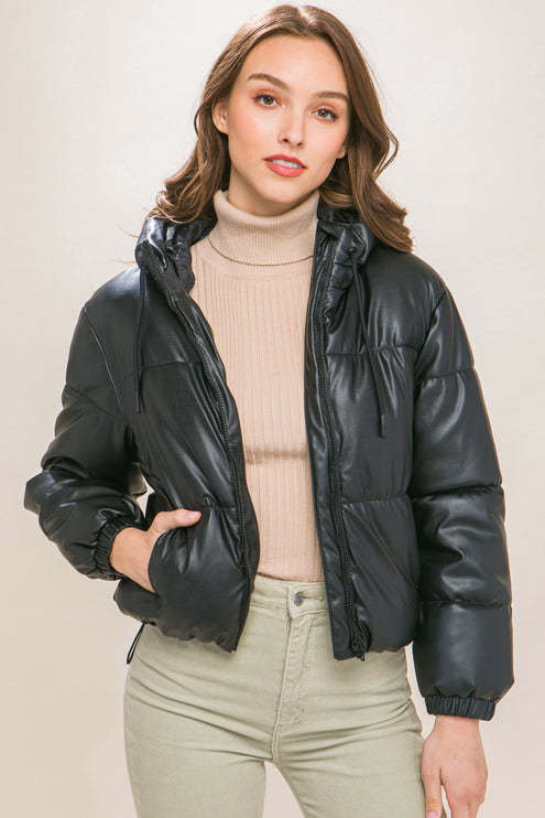 Sleek Modern Cozy PU Faux Leather Hooded Zipper Front Puffer Jacket - Accessoriesforever