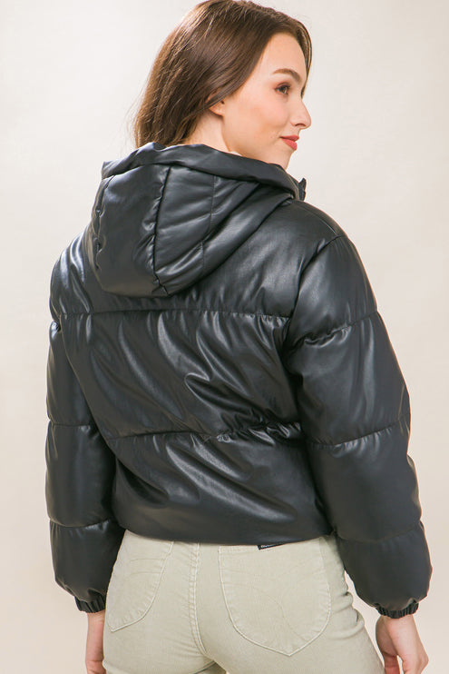 Sleek Modern Cozy PU Faux Leather Hooded Zipper Front Puffer Jacket