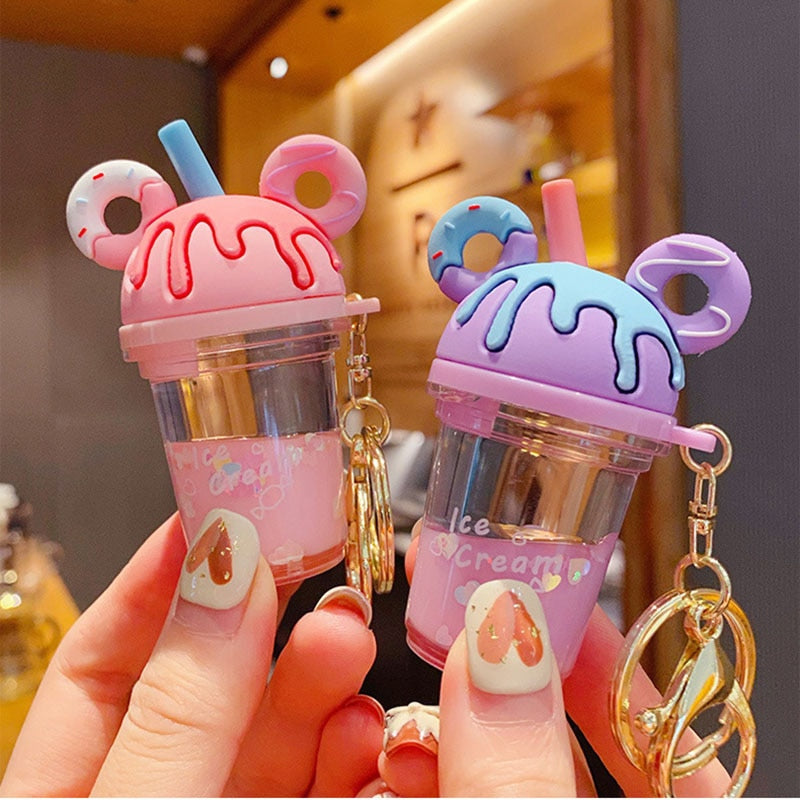 Cute Fun Donut Milk Shake Cup Straw Liquid Charm Keyring Bag Pendant Charm Keychain