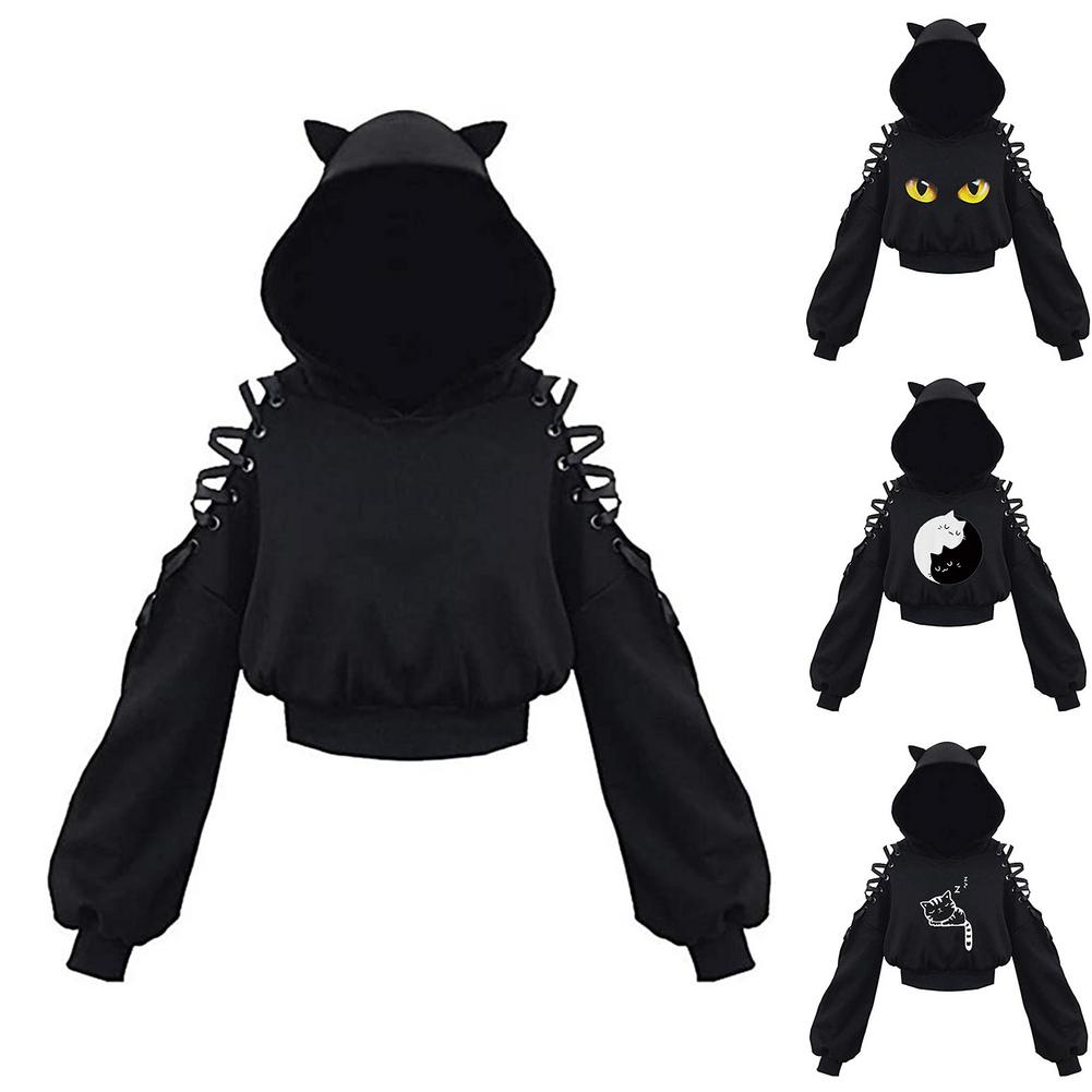 Cute Cat Ear Pullover Lace Up Long Sleeve Sweater Hoodie
