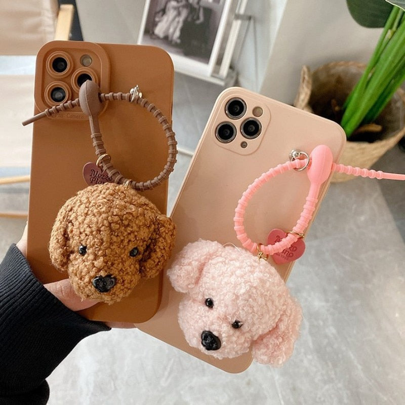 Cute Plush Teddy Dog Charm Beaded Strap iPhone Protective Phone Case Cover