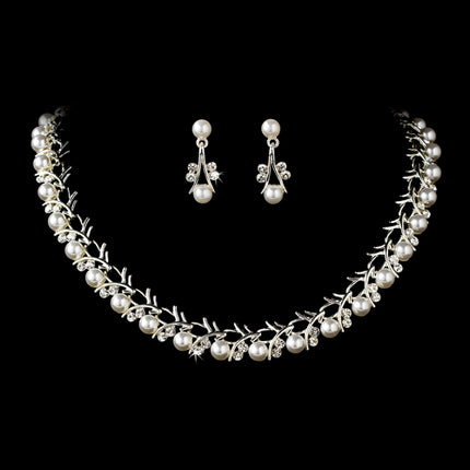 Bridal Wedding Jewelry Set Crystal Rhinestone Pearl Sophisticated Silver White - Accessoriesforever