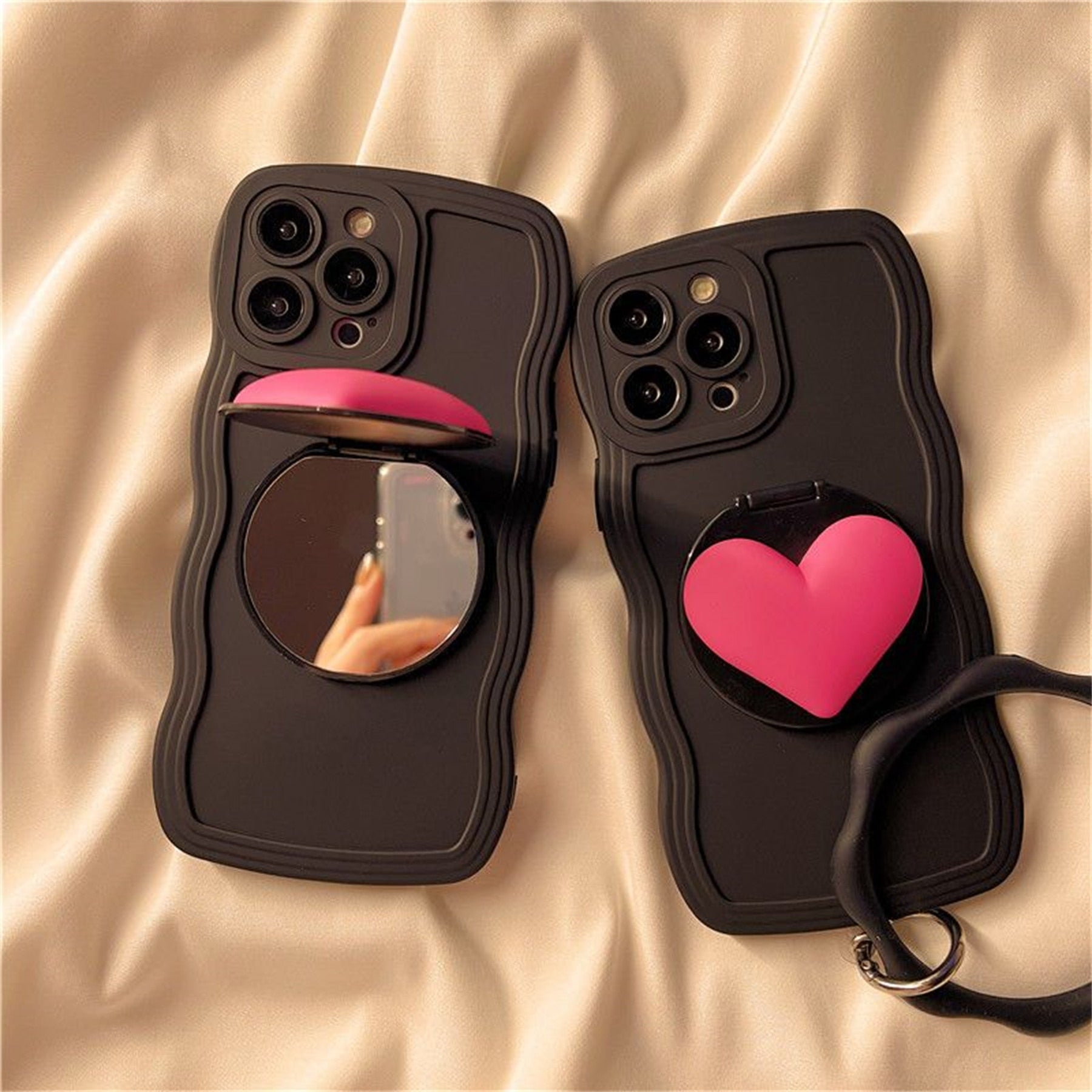 Cute 3D Love Heart Shape Makeup Mirror Wave Edge Black iPhone Phone Soft Cover Case