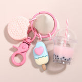 Cute Ice Cream Bubble Boba Tea Biscuit Charms Jewelry Pink Keychain
