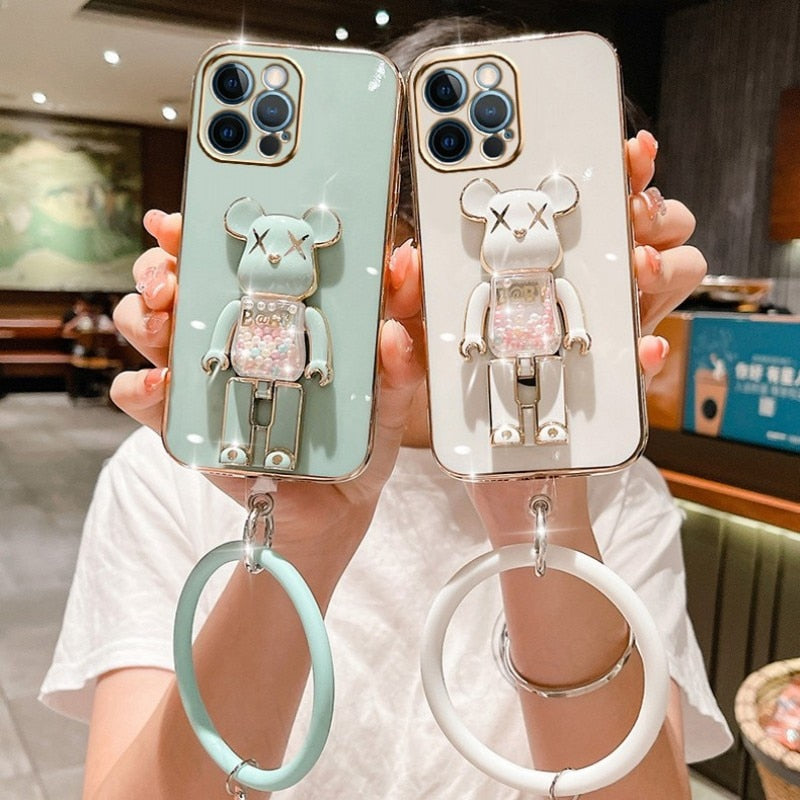 Cute Candy Bead Bear Holder with Wrist Ring Phone Cover Case For iPhone 14 13 Por Max Plus Mini