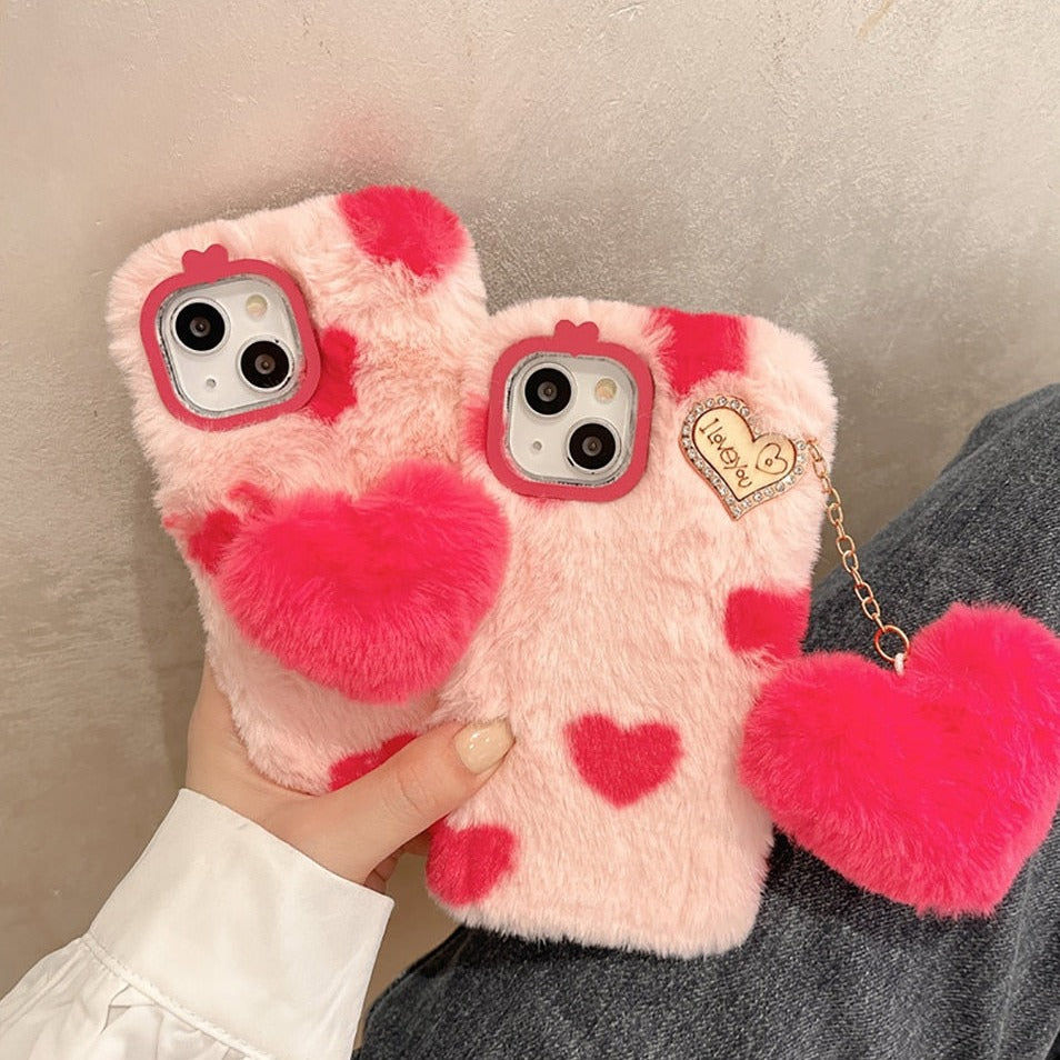 Beautiful Love Heart Design Fluffy Fur Plush iPhone Protective Phone Case Cover