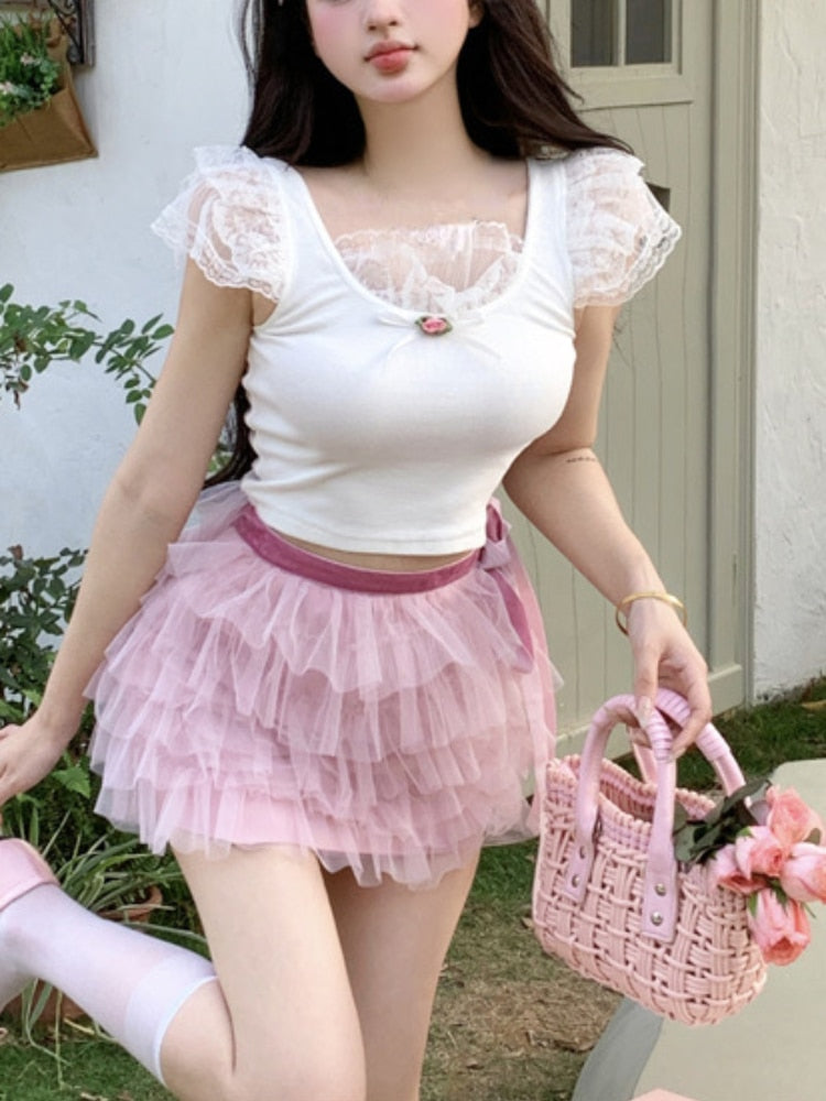 Super Sweet Cute Lace Decorated Flying Sleeves Design Fashion Shirt Top