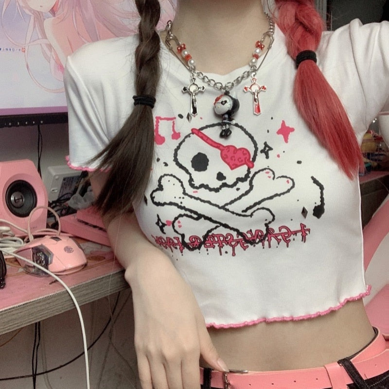 Cute Stylish Fashion Skull Graphic Crop Tee T-Shirt