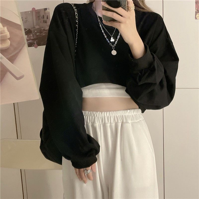 Basic Solid Stylish Streetwear Long Sleeve Loose Pullover Crop Sweatshirt Top
