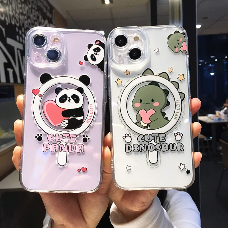 Cute Panda Dinosaur Cartoon Design Megsafe iPhone Clear Protective Phone Case Cover
