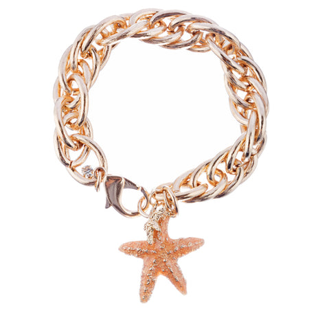 Ocean Starfish Dangling Charm Crystal Link Fashion Bracelet B517 Gold Orange