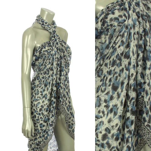 Beach Sarong Pareo Shawl Wrap Leopard N Border Blue