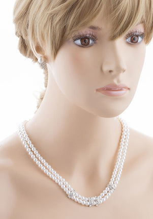 Bridal Wedding Jewelry Set Crystal Pearl Double Strands Necklace White - Accessoriesforever
