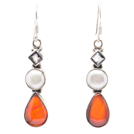 925 Sterling Silver Natural Gemstones Carnelian Abalone Dangle Earring FJSVE2185