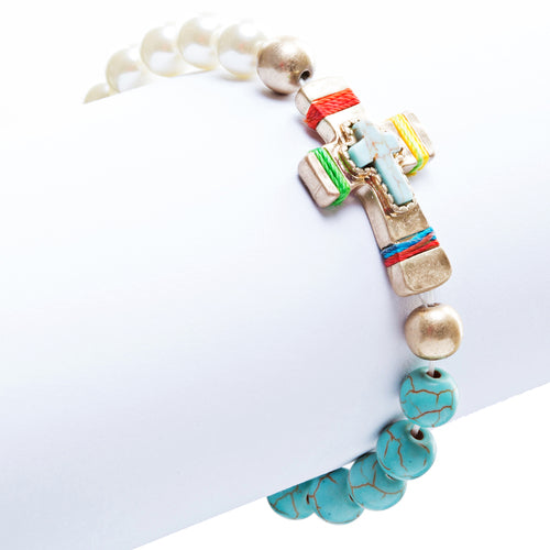 Cross Jewelry Attractive Stone Cross Stretch Link Bracelet B493 Multi