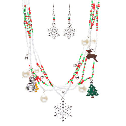 Christmas Jewelry Snowflake Rudolph Snowman Tree Charms Necklace Set JN266 SV