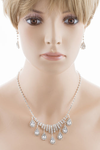 Bridal Wedding Jewelry Set Crystal Rhinestone Dangle Teardrop Necklace Silver - Accessoriesforever